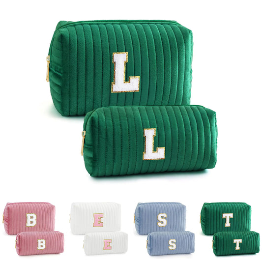 YOOLIFE Initial Makeup Bag for Women - Monogram Makeup Bag Travel Makeup Bag Personalized Cosmetic Bag Travel Toiletry Bag Cute Makeup Pouch Make Up Bag Makeup Case Velvet Green Makeup Bag L