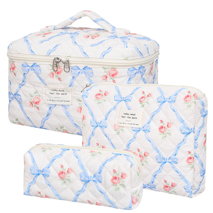 SXS LACONIC Large Makeup BagQuilted Makeup Bag SetCotton Coquette Aesthetic Floral Makeup Pouch for Women Travel Cute Soften Cosmetics Bag Organizers for Girls