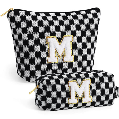 YOOLIFE Preppy Makeup Bag - Preppy Stuff Cosmetic Toiletry Pouch Travel Makeup Bag Monogram Cute Initial Makeup Bag Makeup Bags for Women Large Makeup Bag Personalized Gifts for Women Black M