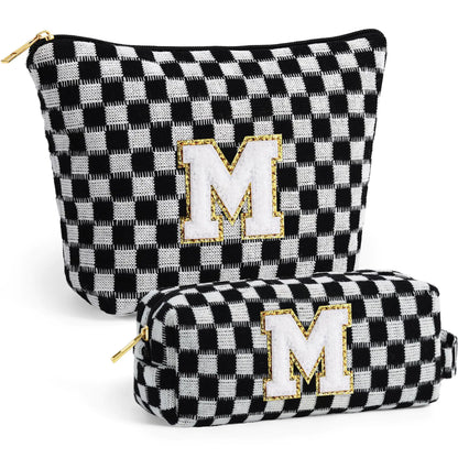 YOOLIFE Preppy Makeup Bag - Preppy Stuff Cosmetic Toiletry Pouch Travel Makeup Bag Monogram Cute Initial Makeup Bag Makeup Bags for Women Large Makeup Bag Personalized Gifts for Women Black M